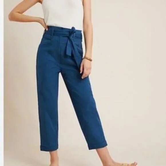 Anthropologie Ellie High Rise Utility Pants Sz 8 Teal Blue Belted Straight Leg - Picture 1 of 8